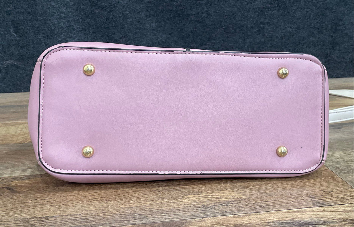 Pink and White Leather Satchel Handbag Crossbody Bag Gold Tone Heart Charm