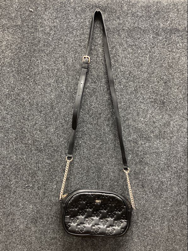 DKNY Black Logo Embossed Crossbody Camera Bag Small Gold Hardware