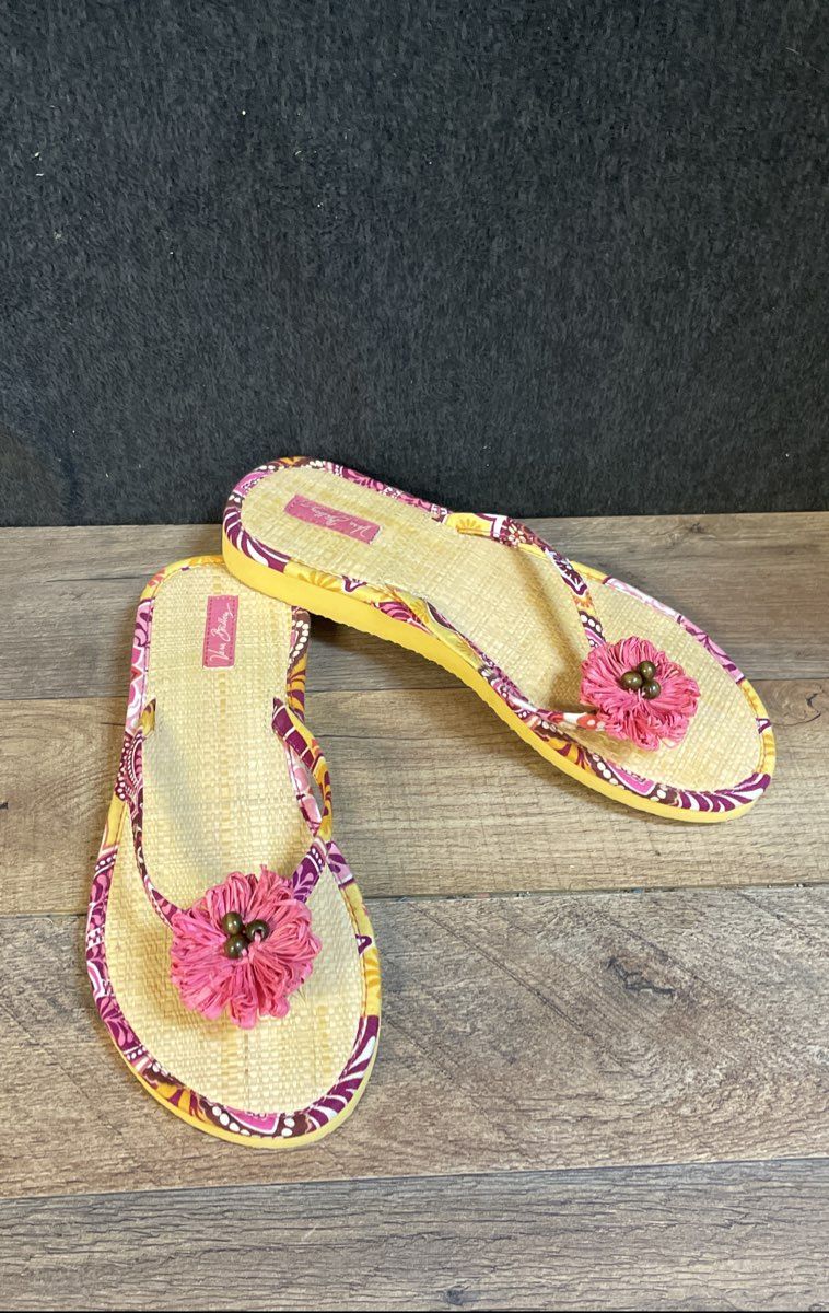 Vera Bradley Paisley Floral Raffia Flower Thong Sandals Flip Flops Size M
