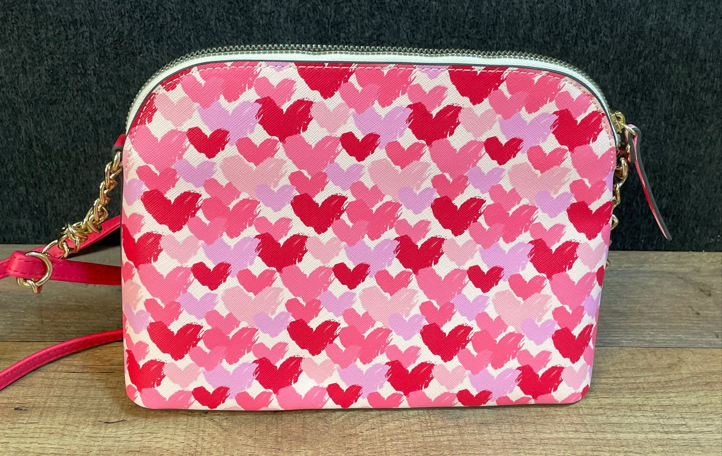 Nanette Lepore Pink Red Heart Pattern Dome Crossbody Bag Gold Hardware