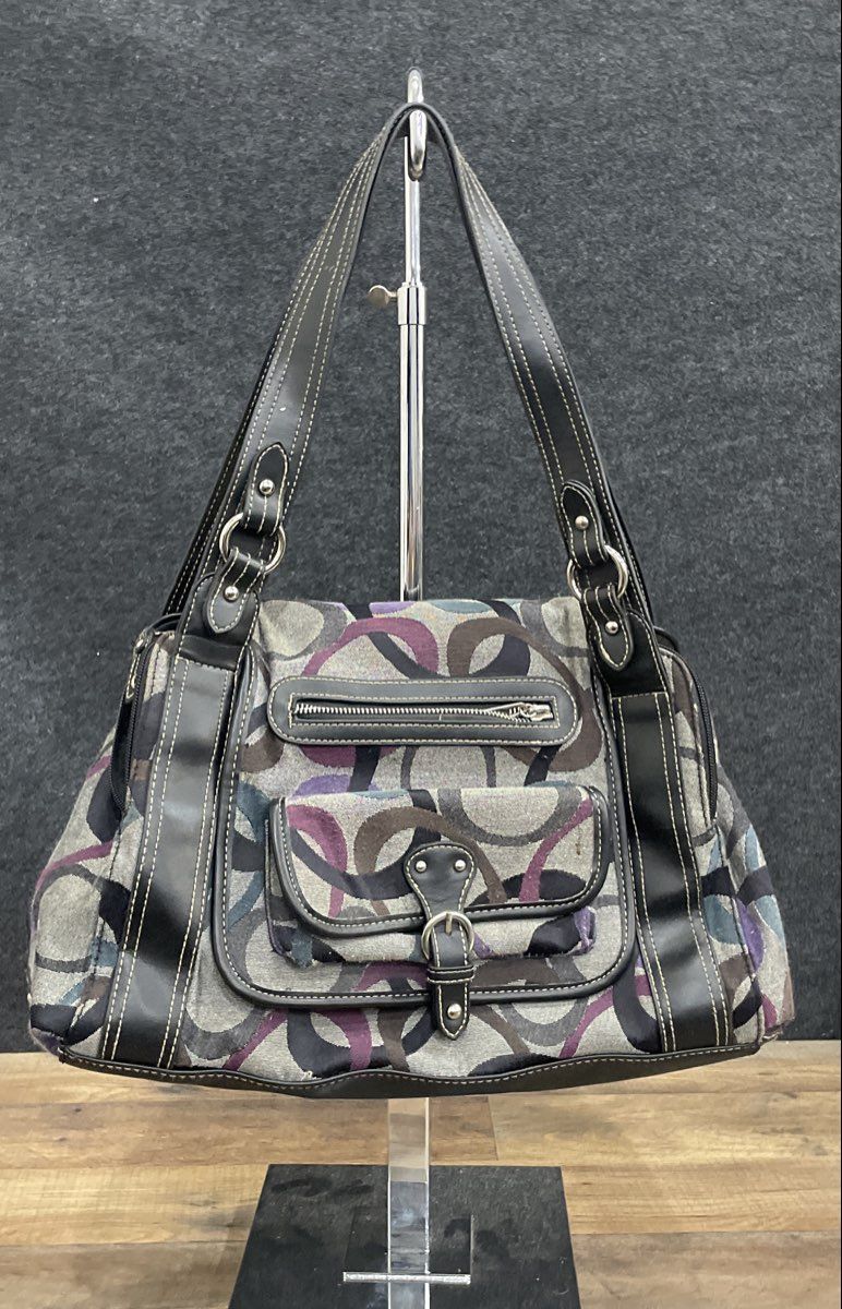 Rosetti Grey Multicolor Circle Print Canvas Shoulder Bag Satchel Silver Hardware