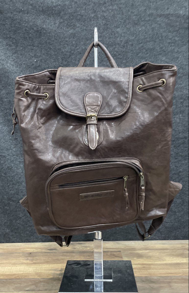 Mt. Ridge Brown Leather Drawstring Backpack Front Zip Pocket Large