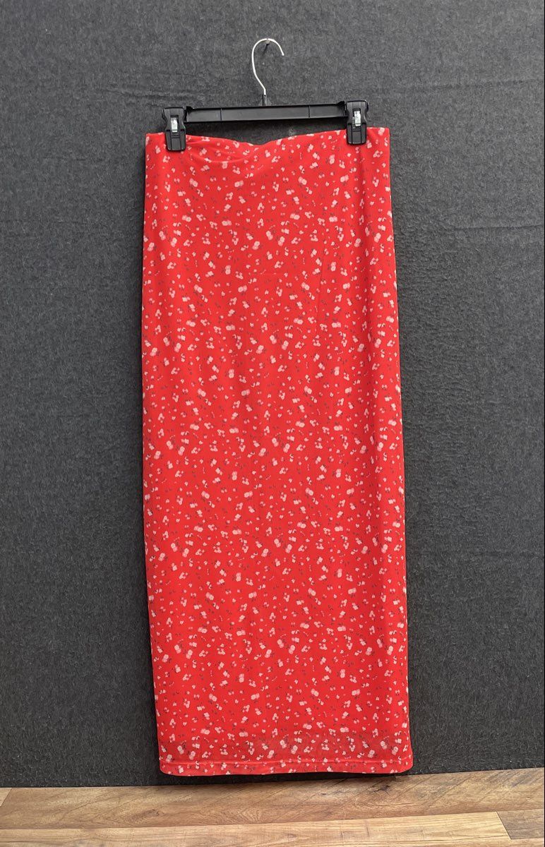 Free People Women's Red Floral Print Side Slit Mesh Maxi Skirt Size M