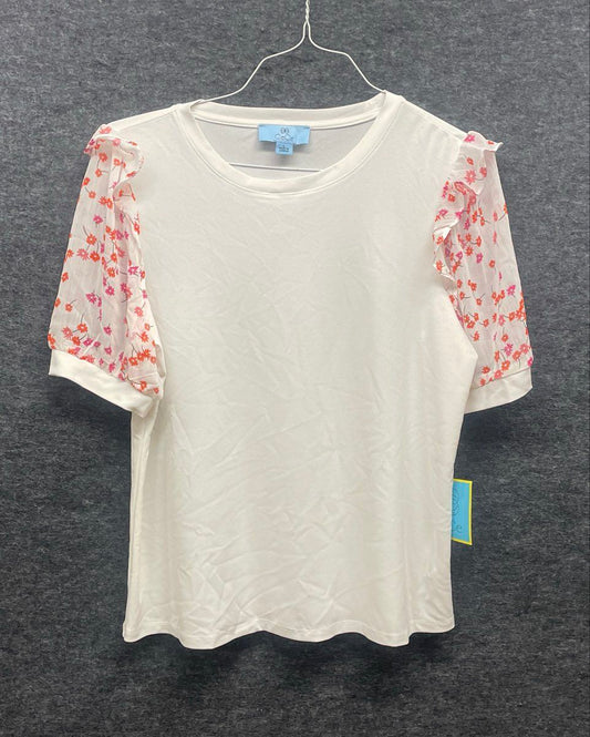 CeCe Women's White Floral Ruffle Sleeve Mixed Media Crew Neck Top Sz L NWT