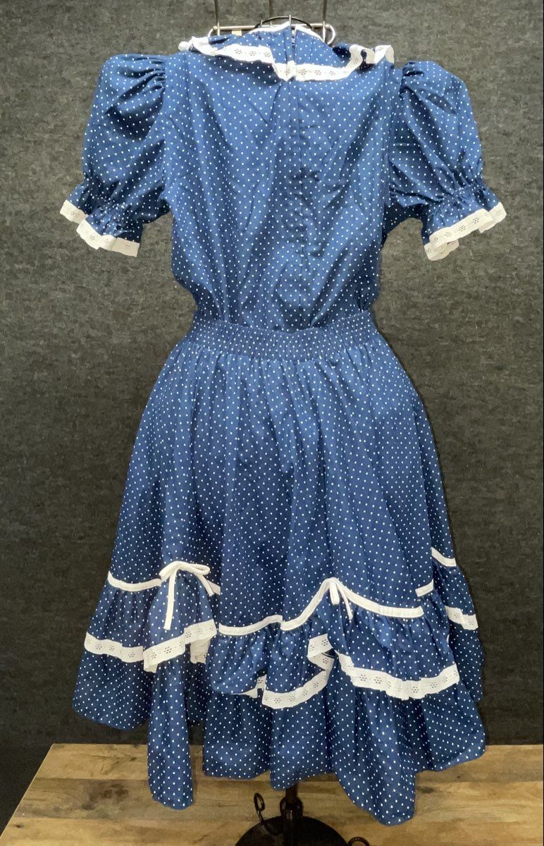 Vintage 80s Blue Polka Dot Square Dance Skirt Blouse Set Eyelet Size M