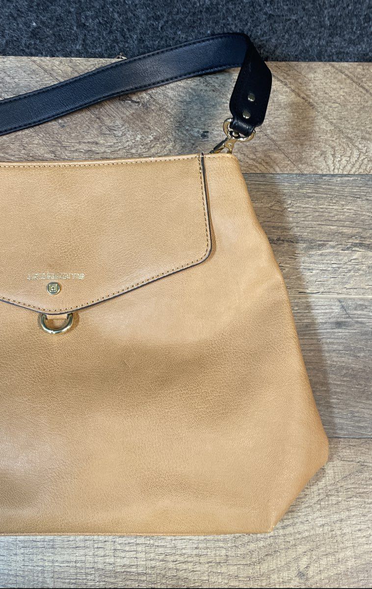 Liz Claiborne Tan Faux Leather Shoulder Bag Brown Gold Hardware Large Handbag