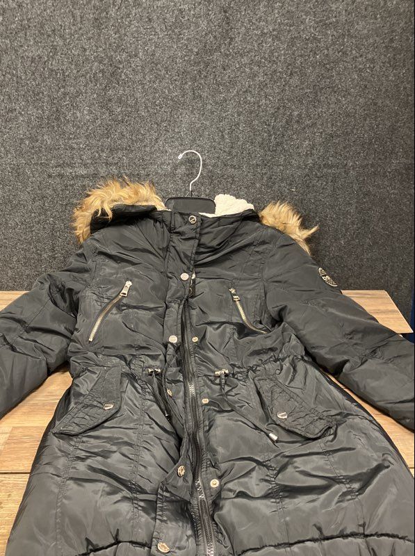 bebe Women's Parka Coat Black Faux Fur Hood Sherpa Lined Quilted Sz S