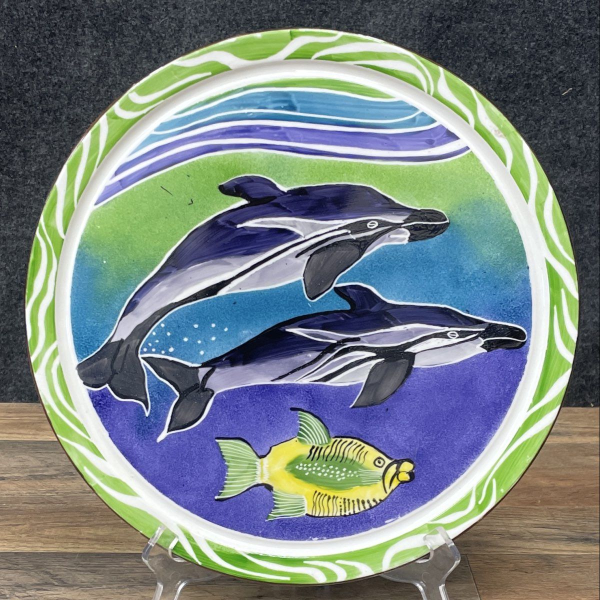 Art From Africa Hand Painted Dolphin Plate by Jill Vitrified Hotelware 12.5"