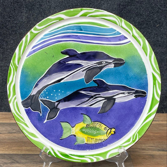 Art From Africa Hand Painted Dolphin Plate by Jill Vitrified Hotelware 12.5"
