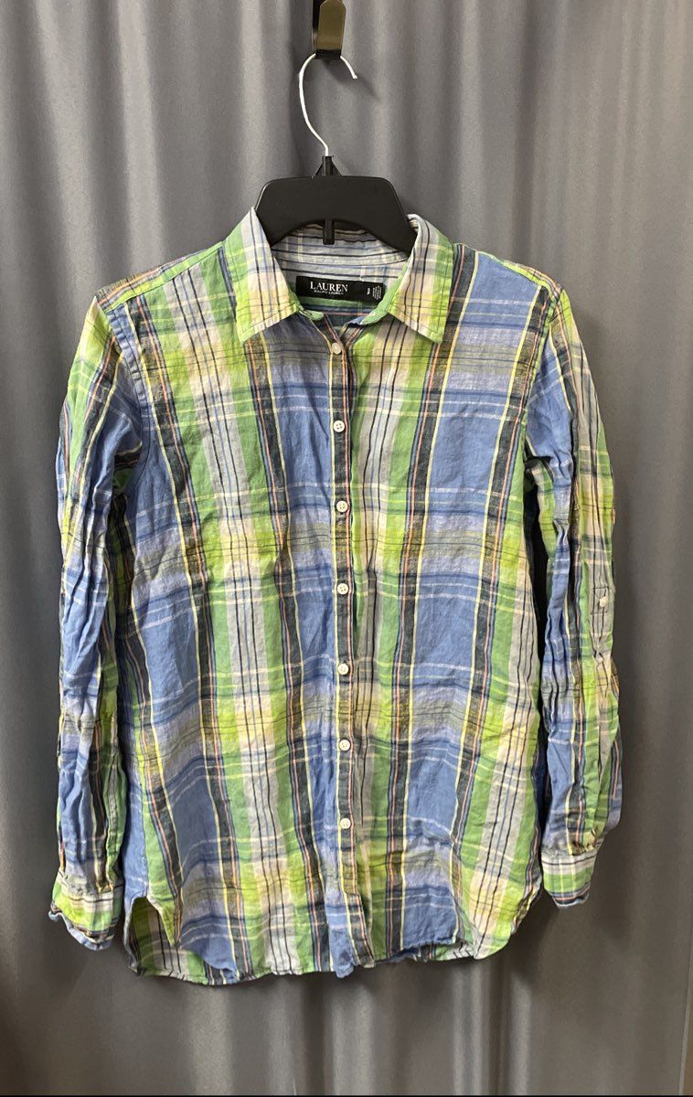 Lauren Ralph Lauren Women's Blue Green Plaid Roll Tab Sleeve Shirt Sz SP