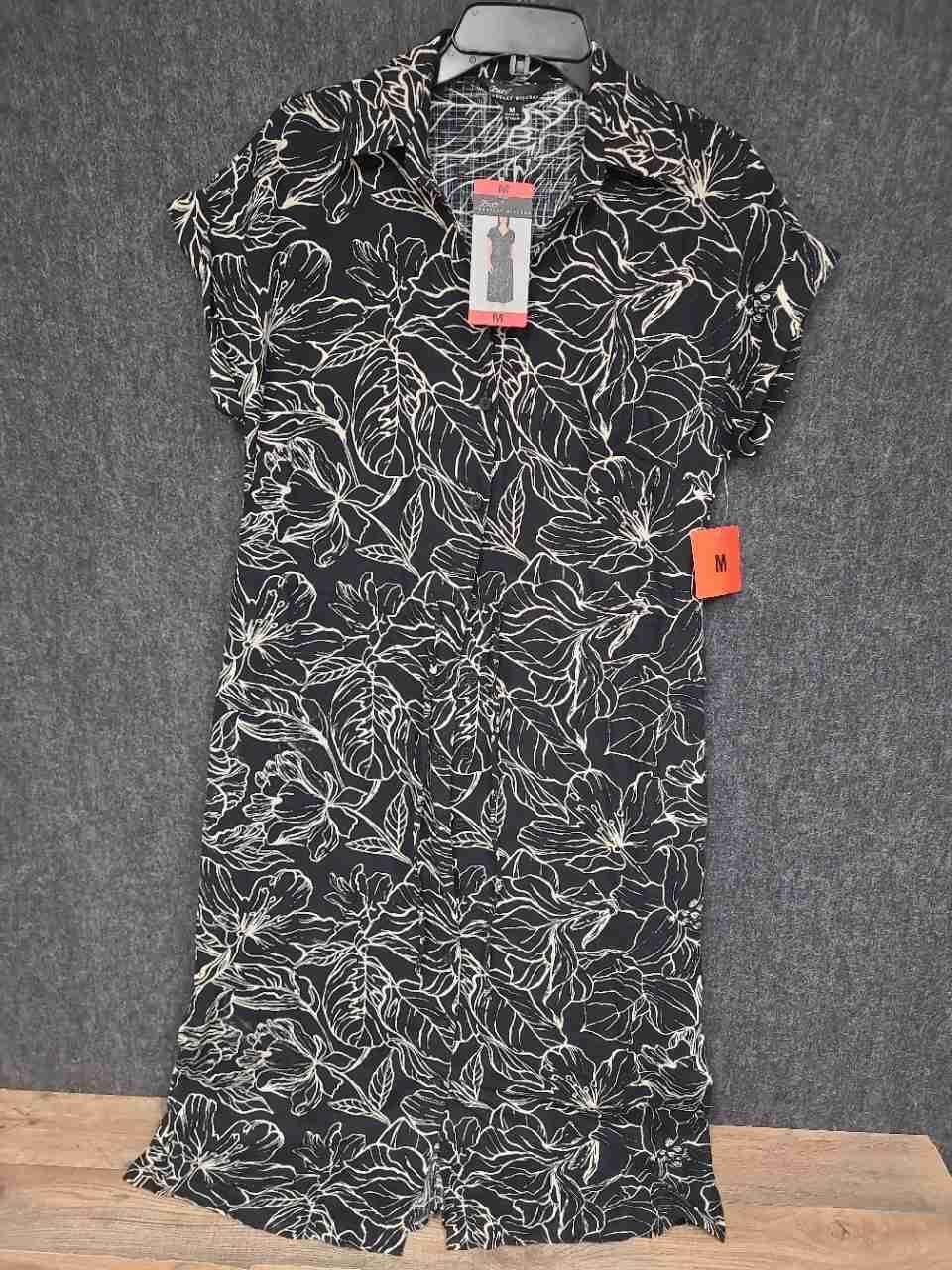 Jewel Badgley Mischka Women's Black Floral Button Front Shirt Dress Sz M NWT
