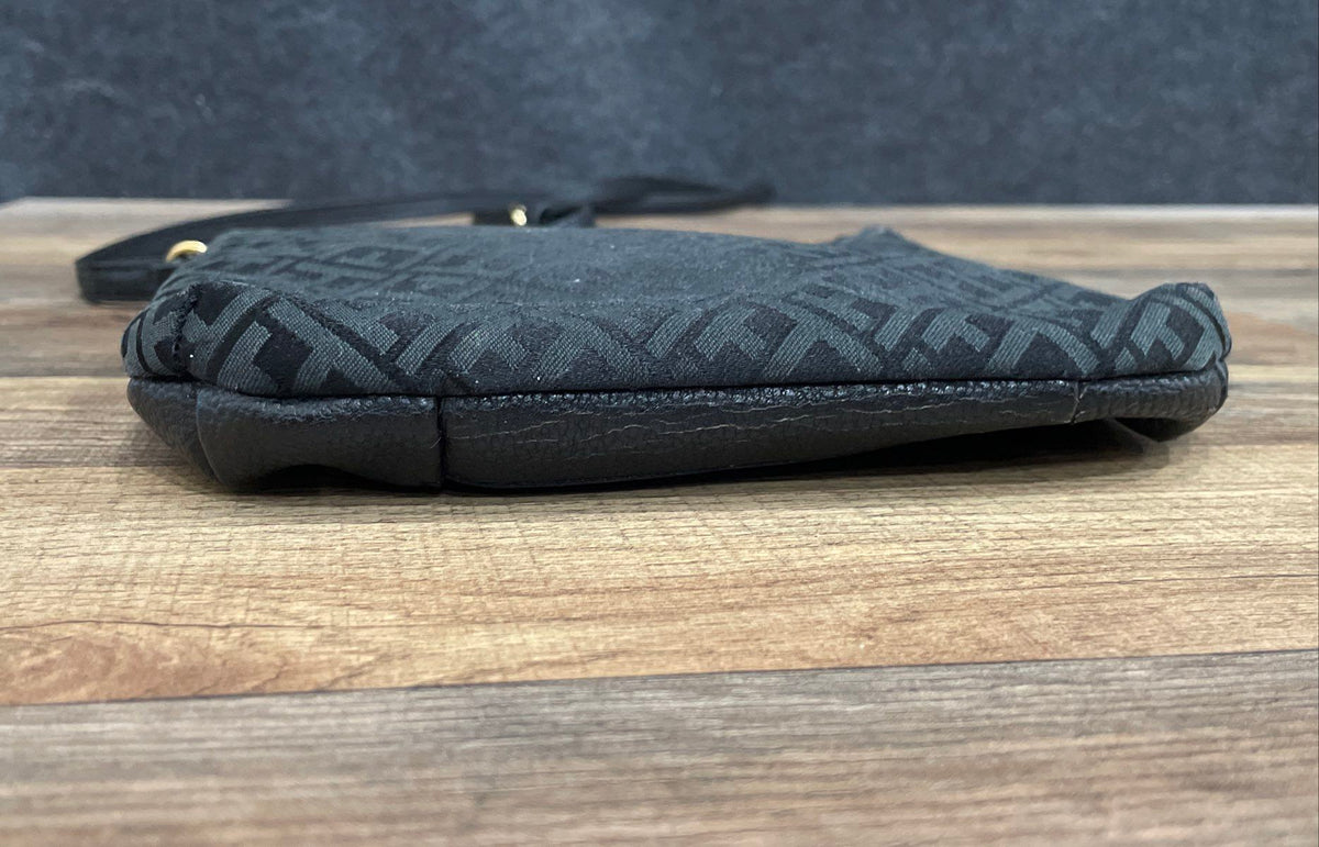 Tommy Hilfiger Green Monogram Fabric Black Leather Mini Crossbody Purse Bag