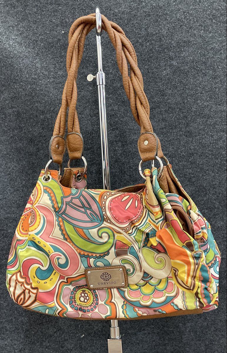 Treviso Multicolor Paisley Design Brown Leather Braided Strap Shoulder Bag Purse