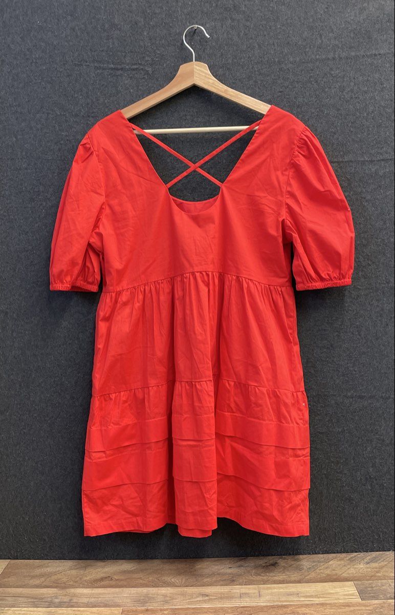 Donna Morgan Women's Red Pleated Babydoll Tiered Dress Criss Cross Back Sz 12P