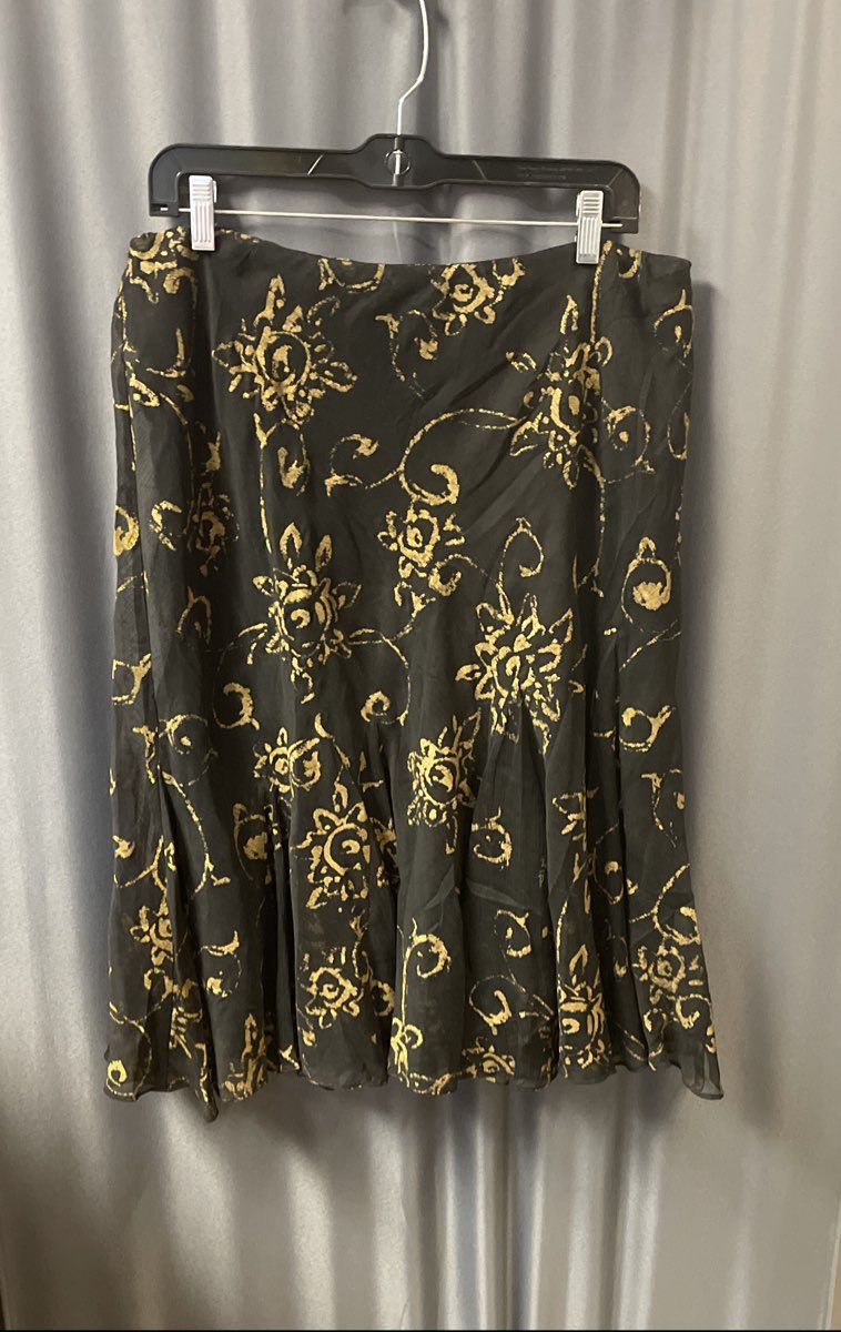 Lauren Ralph Lauren Women's A-Line Skirt Black Gold Floral Print Poly Sz L