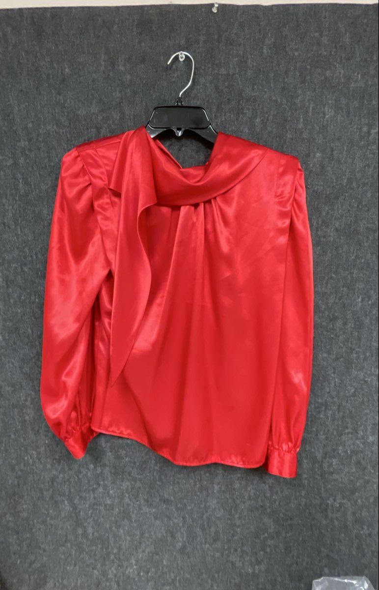 Vintage 80s Caren Charles Collection Women's Red Satin Pussy Bow Blouse