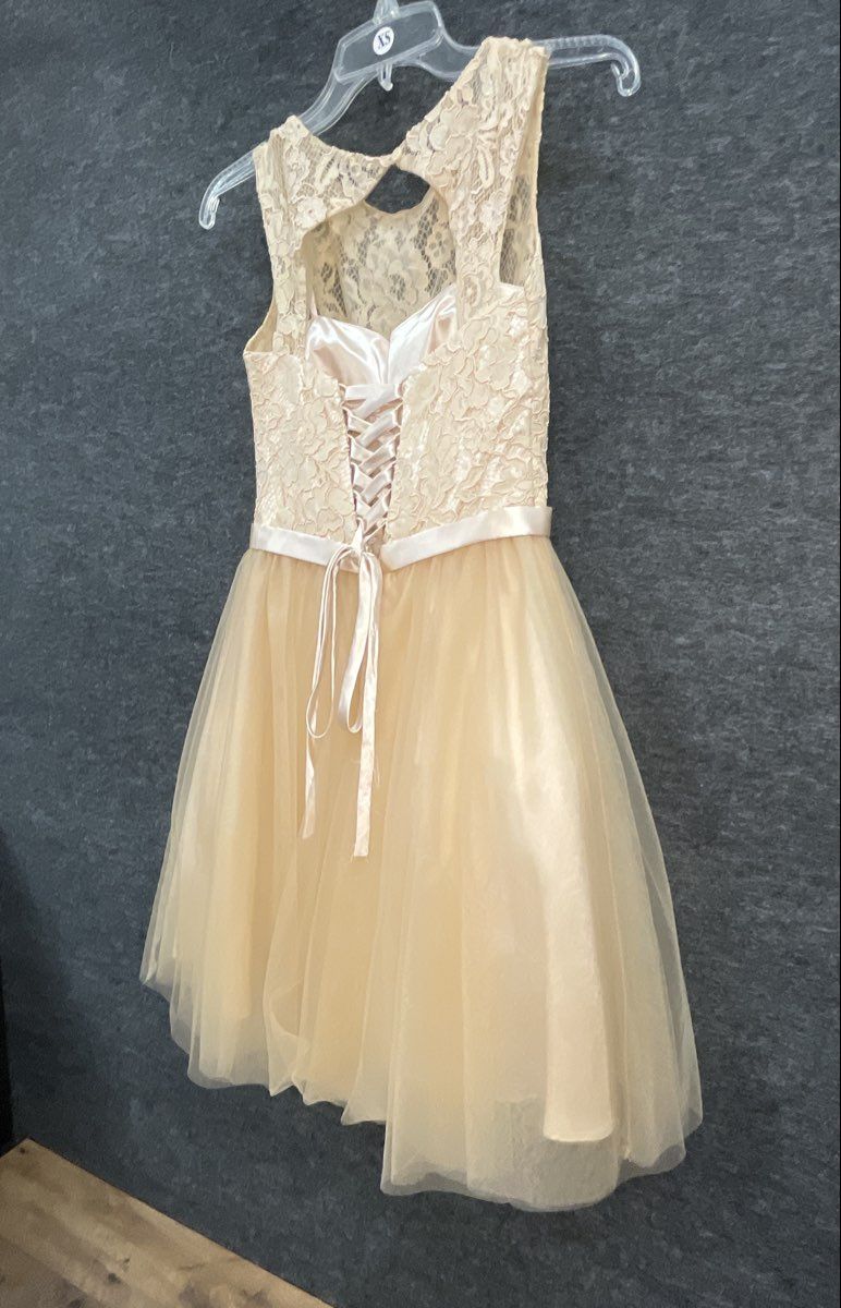 Women's Gold Champagne Lace Tulle Cocktail Prom Dress Lace Up Back Sz XS