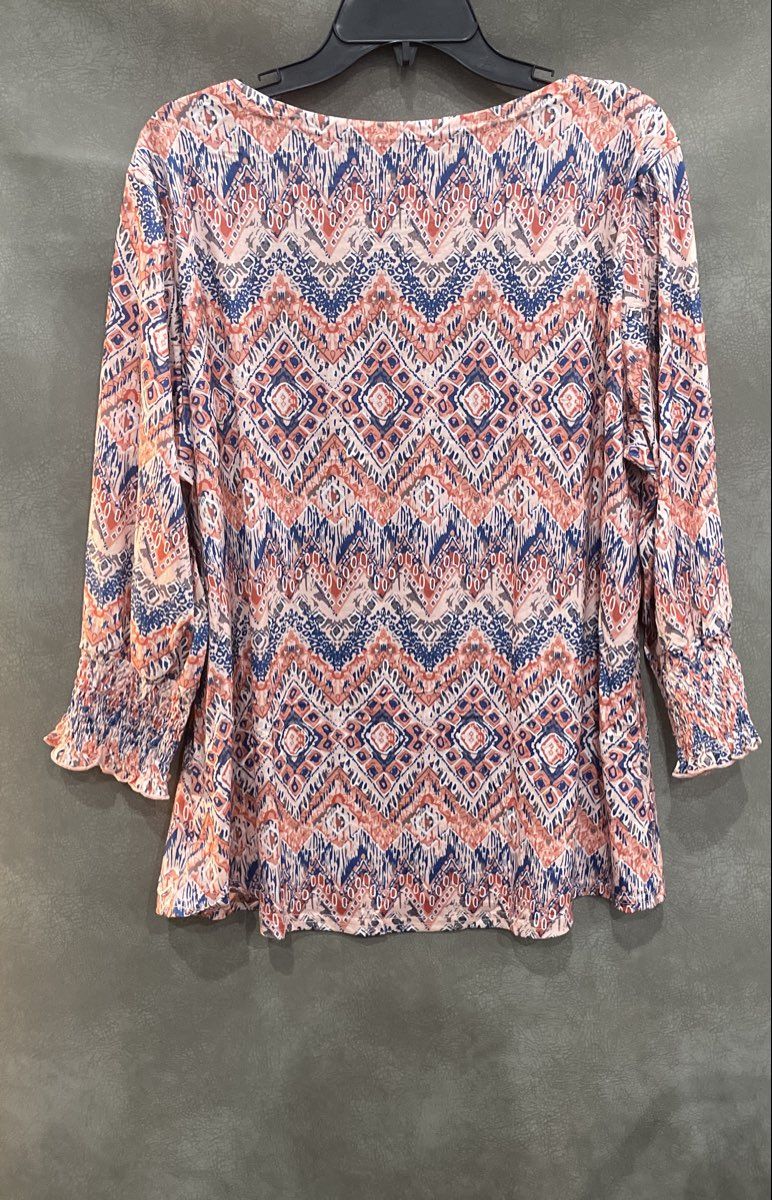 GIECCP Women's Orange Blue Geometric Smocked Cuff Blouse Top Sz 2XL