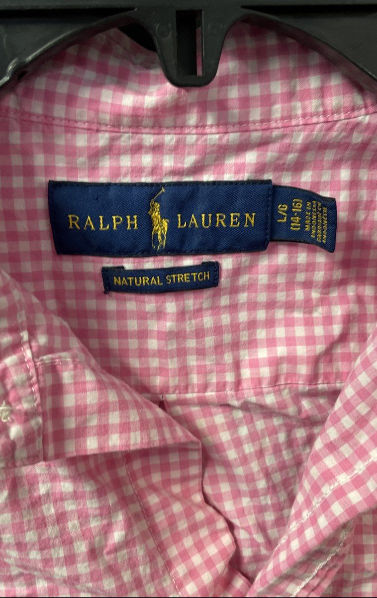 Ralph Lauren Boys Pink Gingham Check Natural Stretch Shirt Sz L 14-16