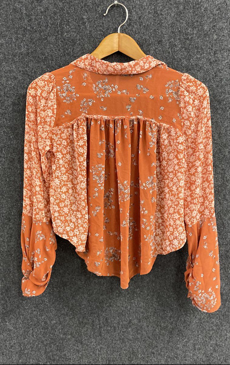 Free People Women's Orange Terracotta Mixed Floral Button Down Blouse Sz XS