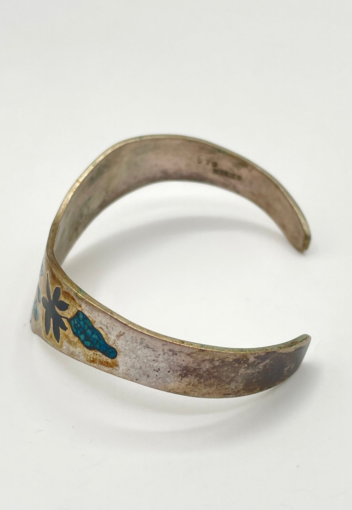 Alpaca Silver Crushed Turquoise Enamel Inlay Cuff Bracelet Mexico Marked 19.4g
