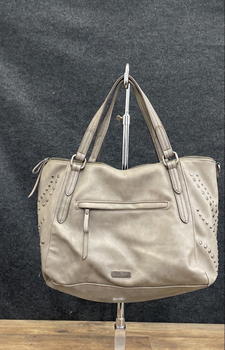 Jessica Simpson Grey Faux Leather Studded Tote Bag Large Silver Hardware
