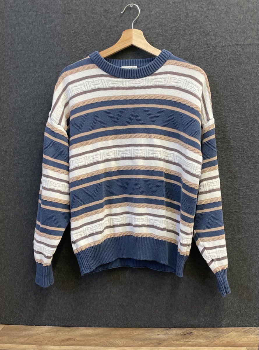Vintage 90s Brian MacNeil Men's Blue Striped Cotton Crewneck Sweater Size M