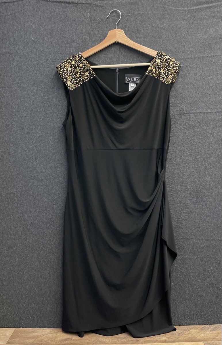 Alex Evenings Women's Black Draped Cowl Neck Beaded Shoulder Cocktail Dress 16