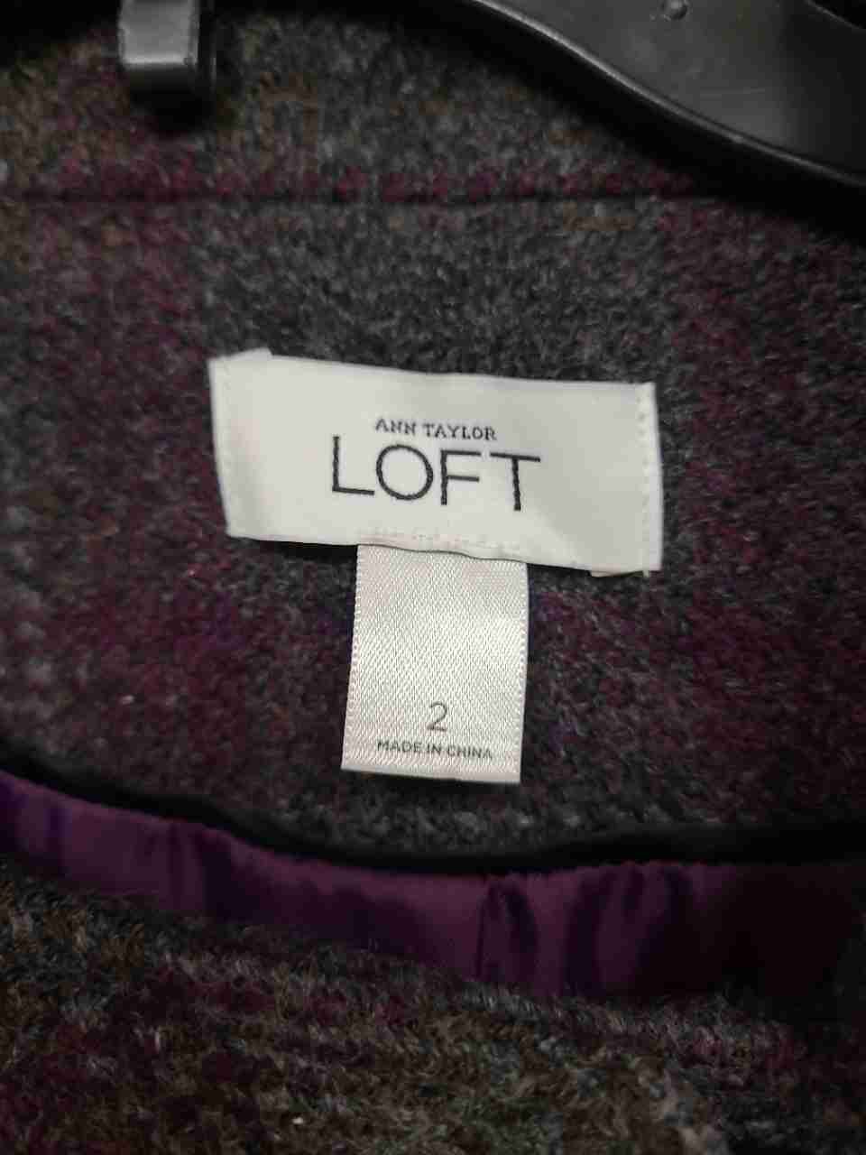 Ann Taylor LOFT Women's Purple Gray Plaid Wool Blend Pea Coat Sz 2