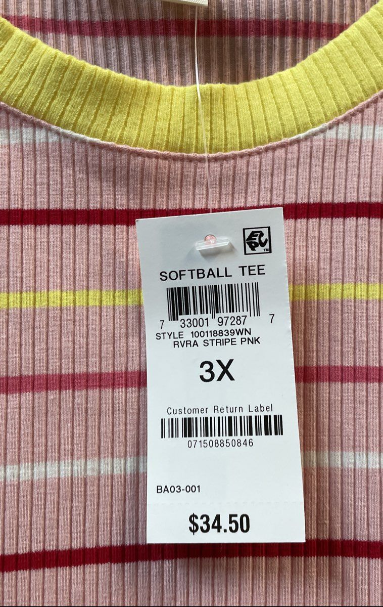 Style & Co Women's Softball Tee Pink Multicolor Ribbed Striped Size 3X NWT