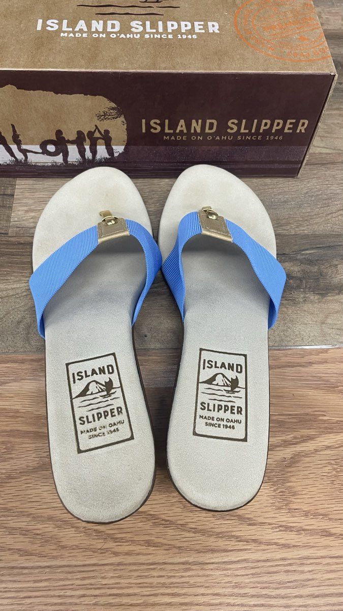Island Slipper T810 Blue Gold Elastic Thong Wedge Sandals Women's Size 10