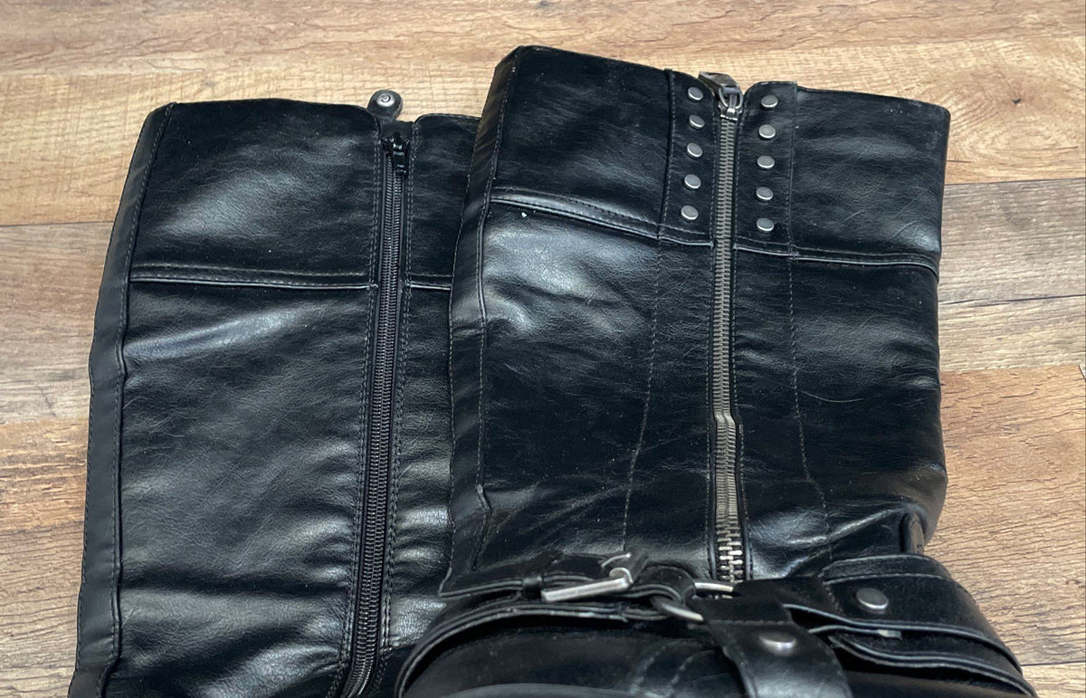 GBG Guess Black Faux Leather Tall Harness Zip Moto Boots Size 10