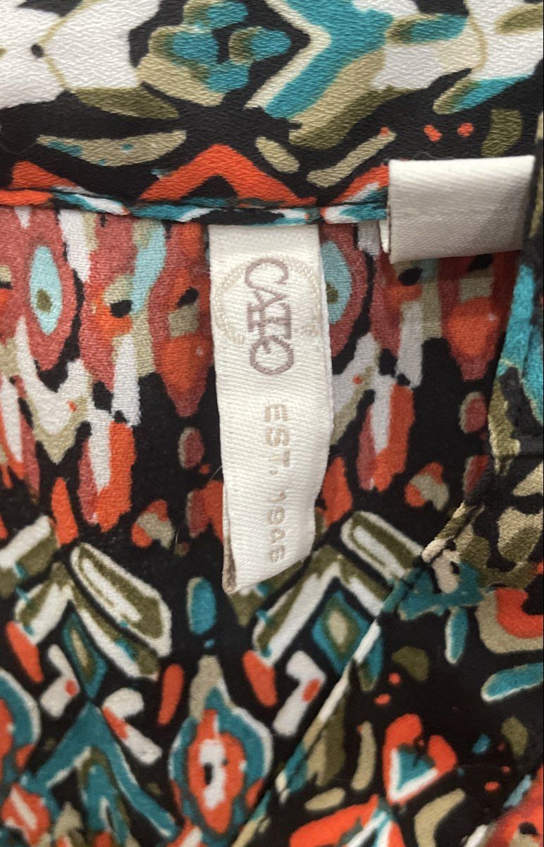 Cato Women's Abstract Pattern V-Neck Roll Tab 3/4 Sleeve Blouse Multicolor Sz S