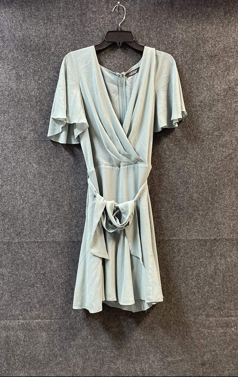 Lauren Ralph Lauren Women's Blue Flutter Sleeve Tie Waist Faux Wrap Dress Sz 14