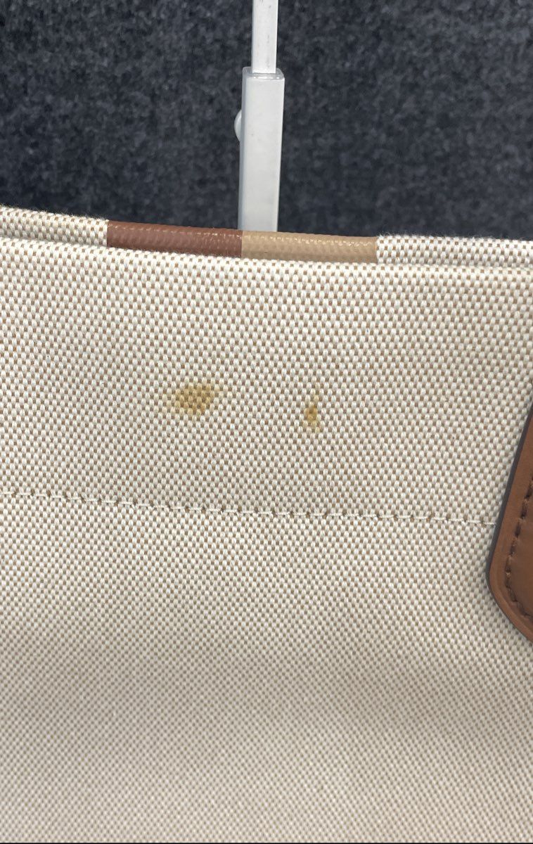 Michael Kors Cream Tan Striped Canvas Leather Tote Handbag Bag Gold Hardware