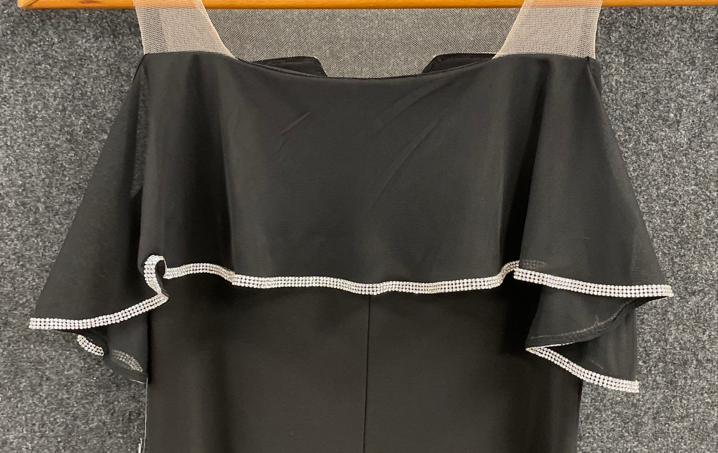Prelude Women's Black Rhinestone Trim Cold Shoulder Illusion LBD Dress NWT Sz S