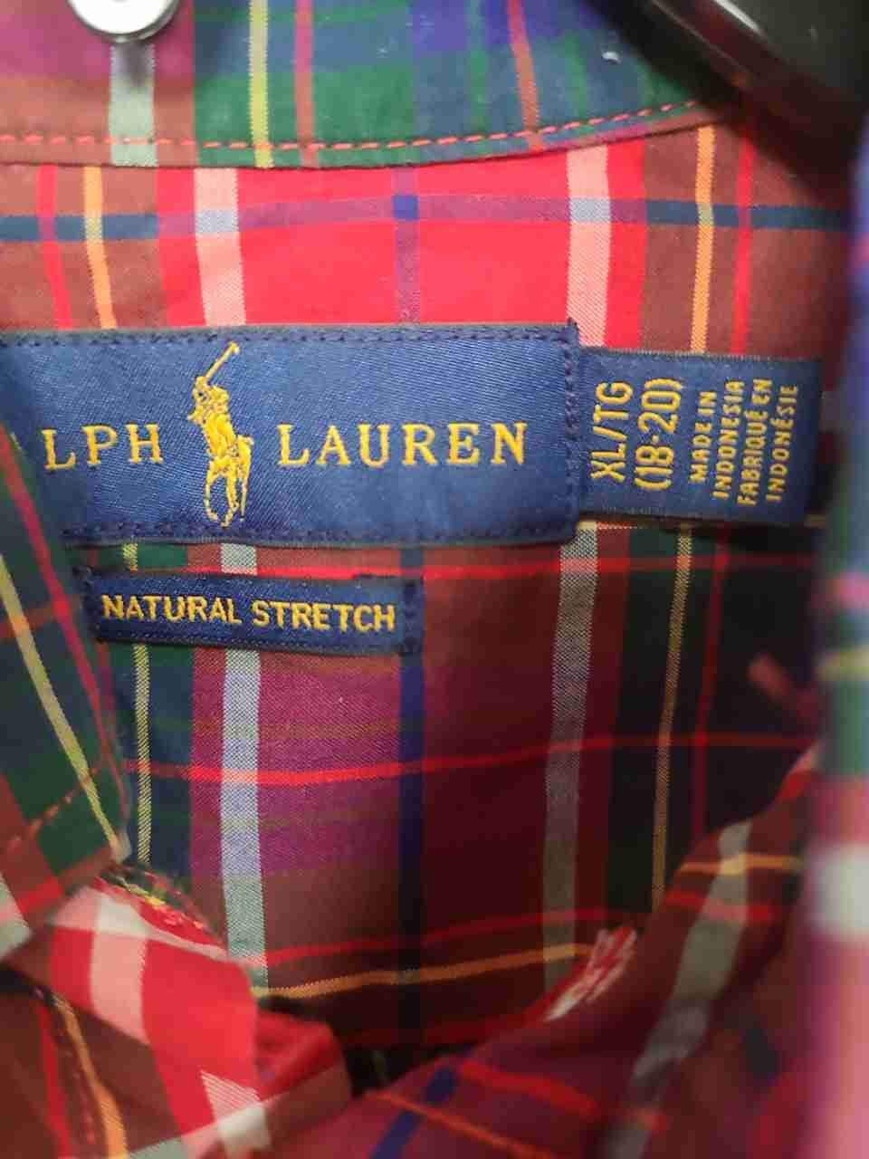 Ralph Lauren Boys Red Multi Plaid Button Down Shirt Natural Stretch Sz XL 18-20