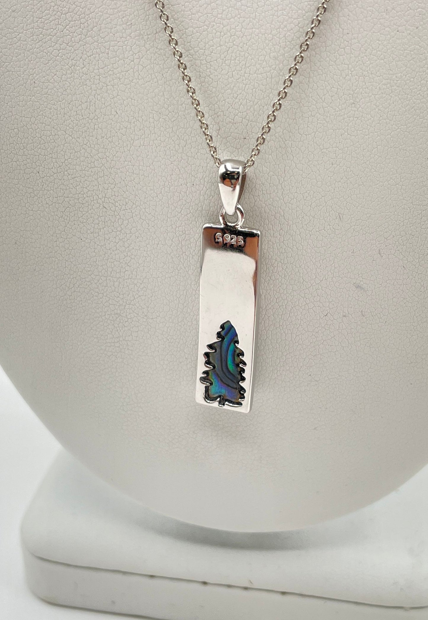 925 Sterling Silver Abalone Inlay Mountain Pine Tree Bar Pendant Necklace 6.7g