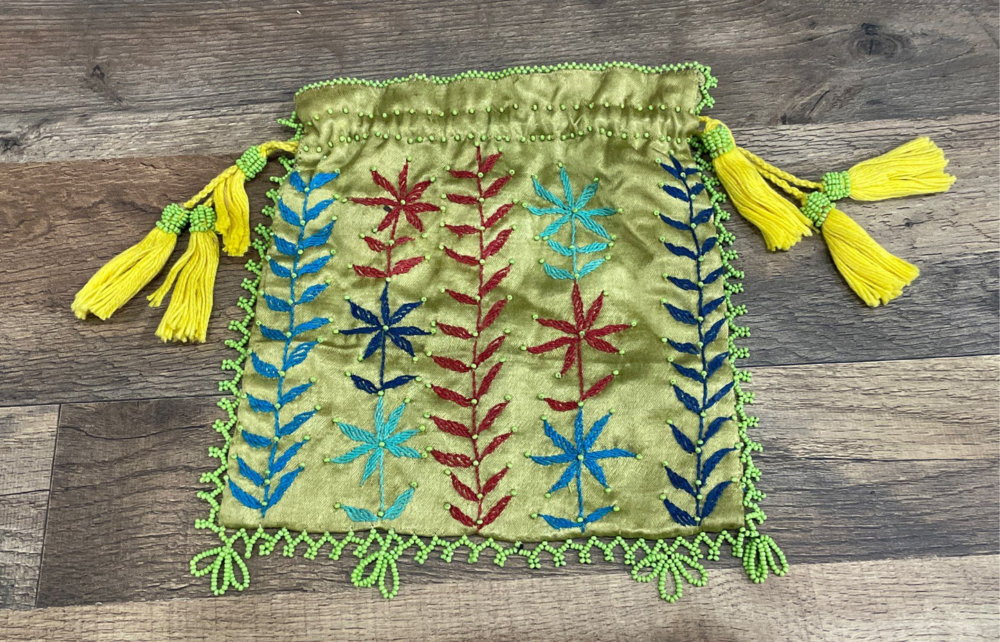 Vintage Floral Embroidered Drawstring Pouch Bag Green Beaded Trim Yellow Tassels