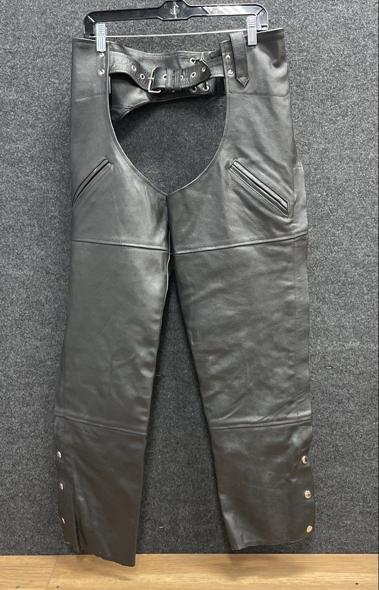 Vintage 90s Black Leather Motorcycle Biker Riding Chaps Buckle Lace Sz M
