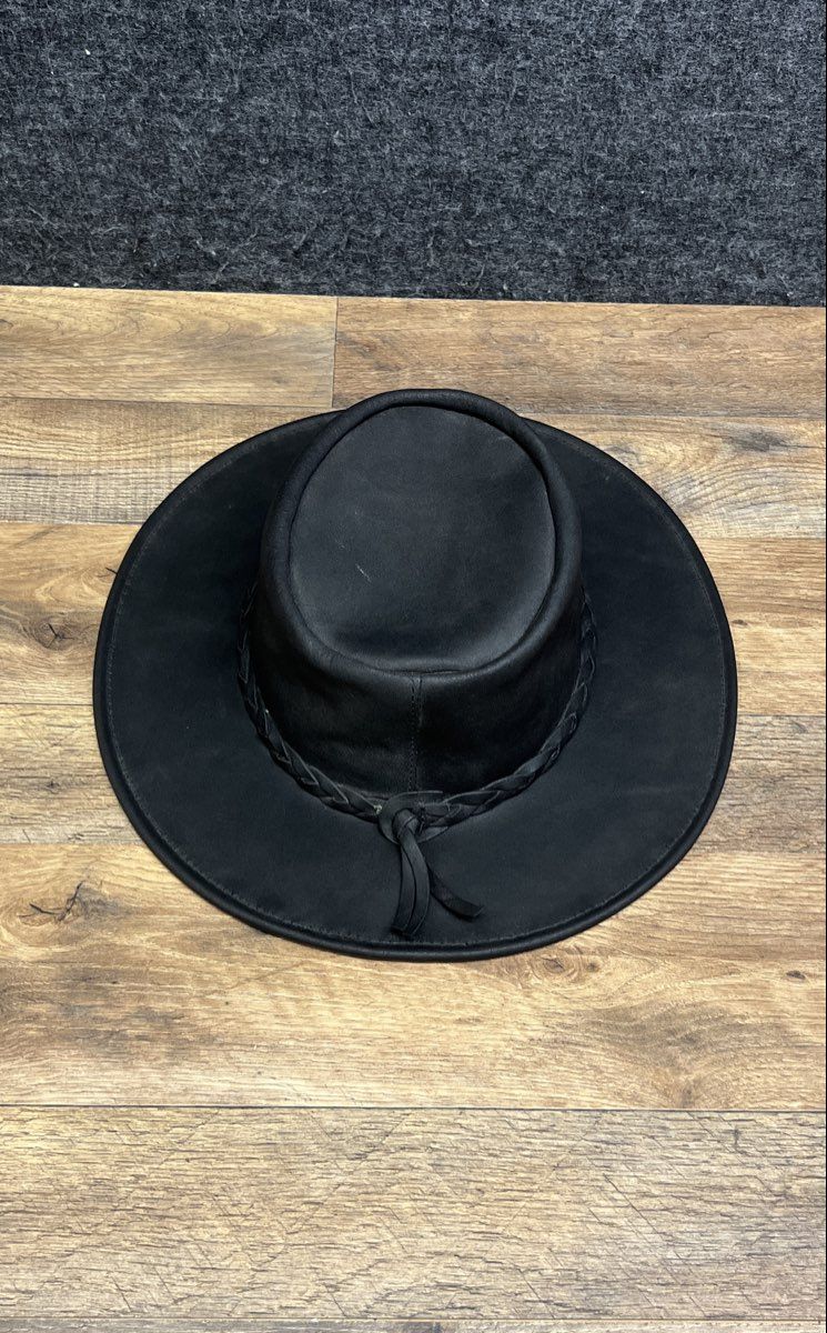 Minnetonka Unisex The Fold Up Hat Black Genuine Leather Braided Band Sz L