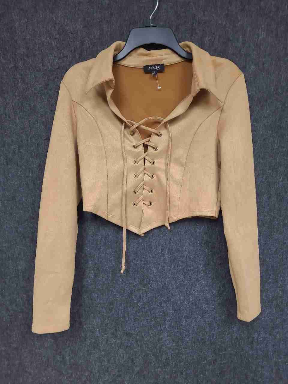 Julia by Love J Women's Tan Faux Suede Lace-Up Corset Cropped Shirt Sz L