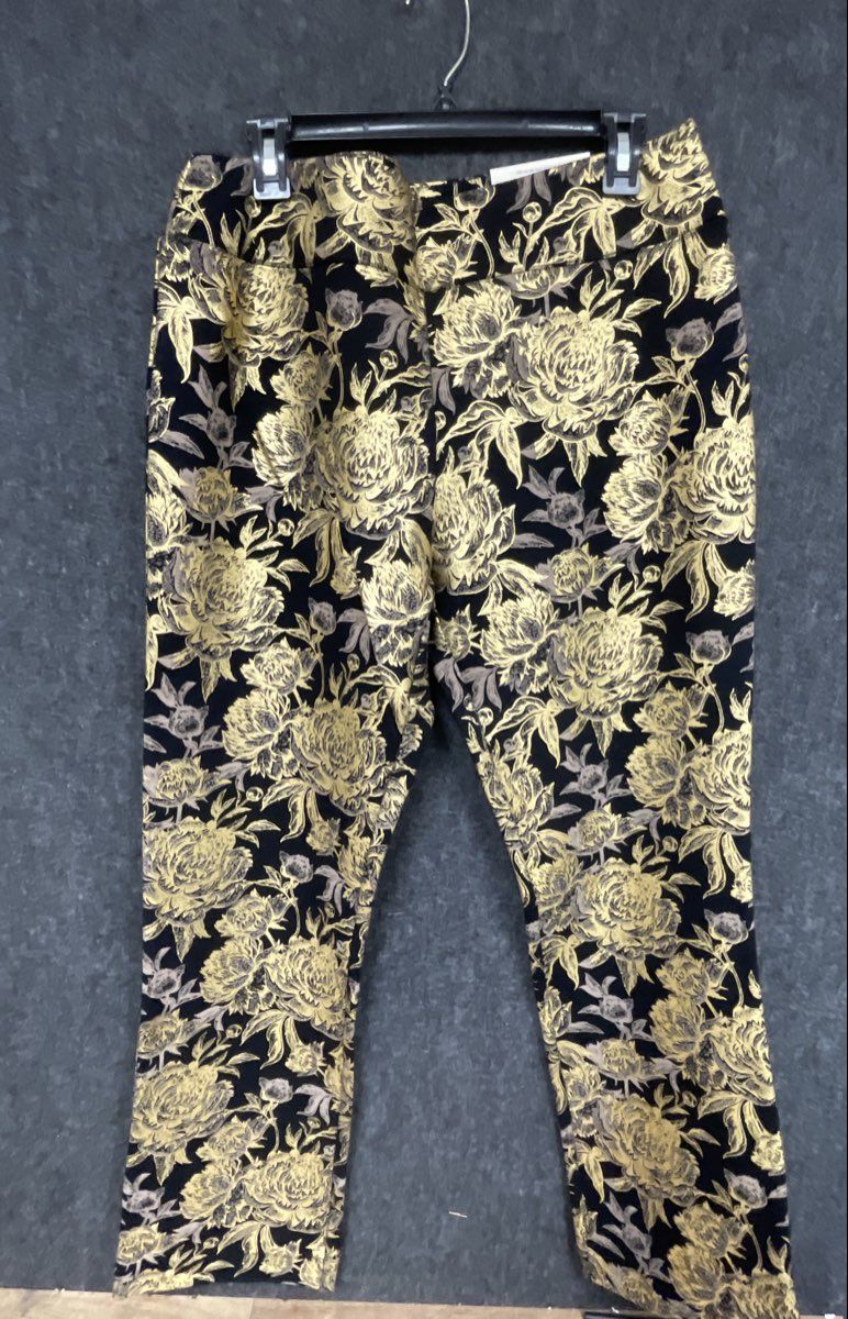 Soft Surroundings Women's Black Gold Floral Mini Boot Full Length Pants NWT Sz L