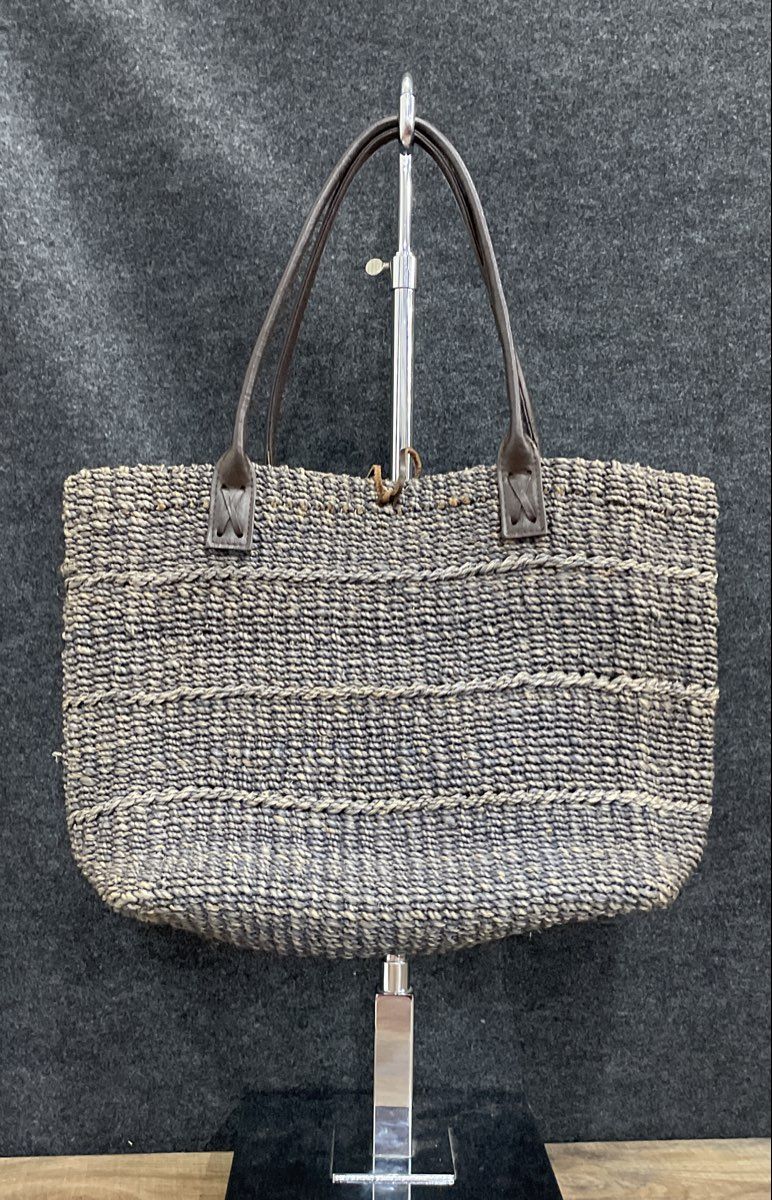 Vintage Large Blue Woven Straw Tote Bag Beach Shoulder Bag Leather Handles