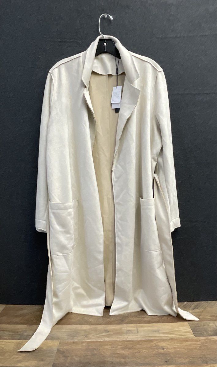 T Tahari Women's Beige Faux Leather Duster Coat Notched Lapel NWT Sz L