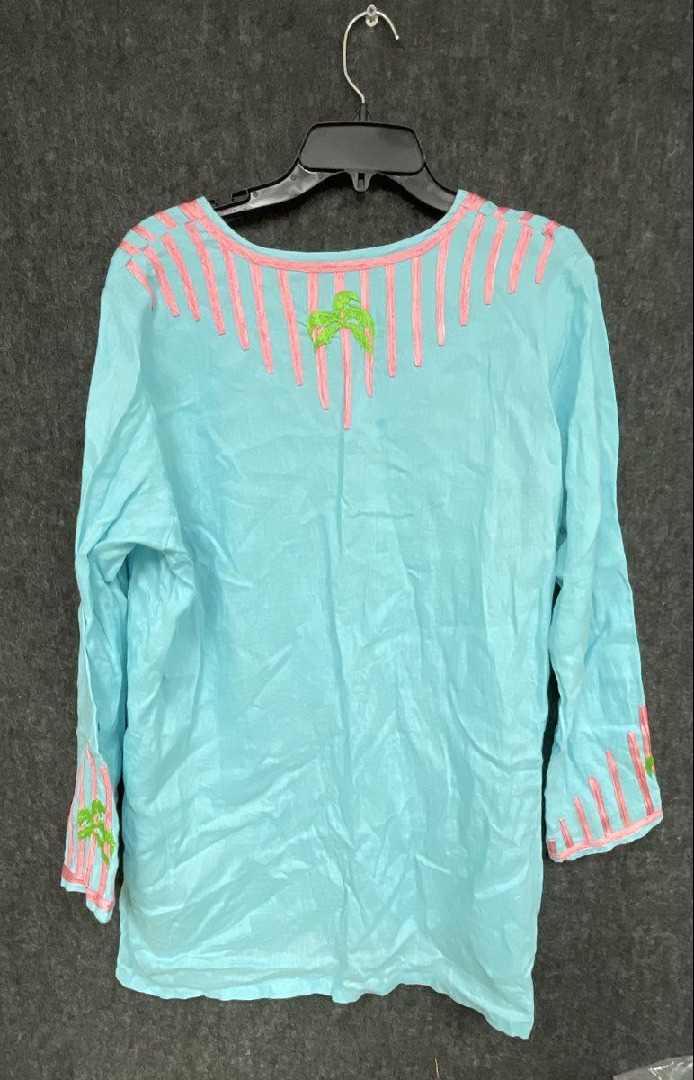 Barbara Gerwit Women's Aqua Tunic Top Embroidered Palm Tree Tropical Size XL