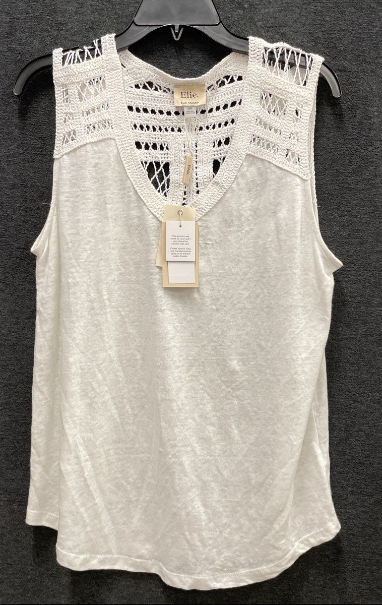 Elie Tahari Women's White Linen Sleeveless Crochet Yoke Top Sz M NWT