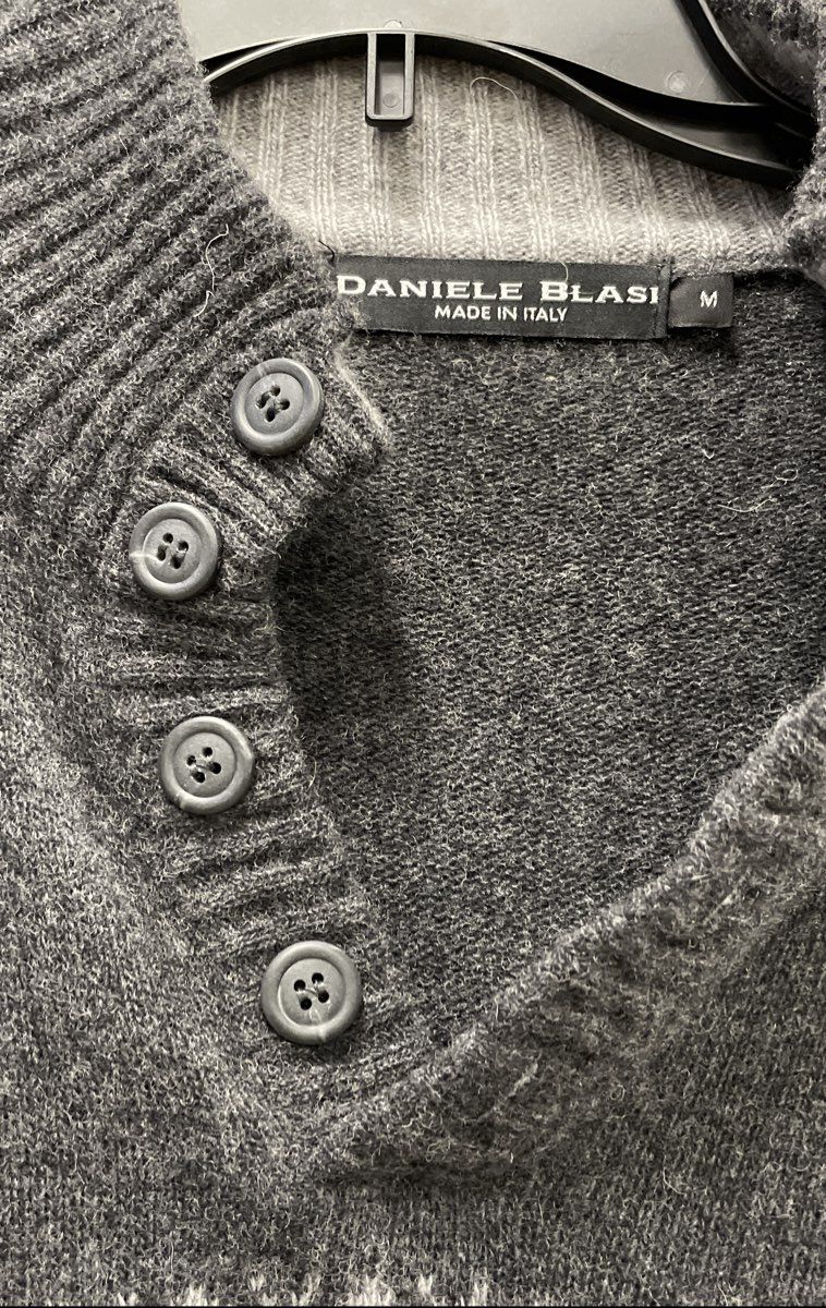 Daniele Blasi Men's Gray Wool Blend Fair Isle Henley Mock Neck Sweater Size M