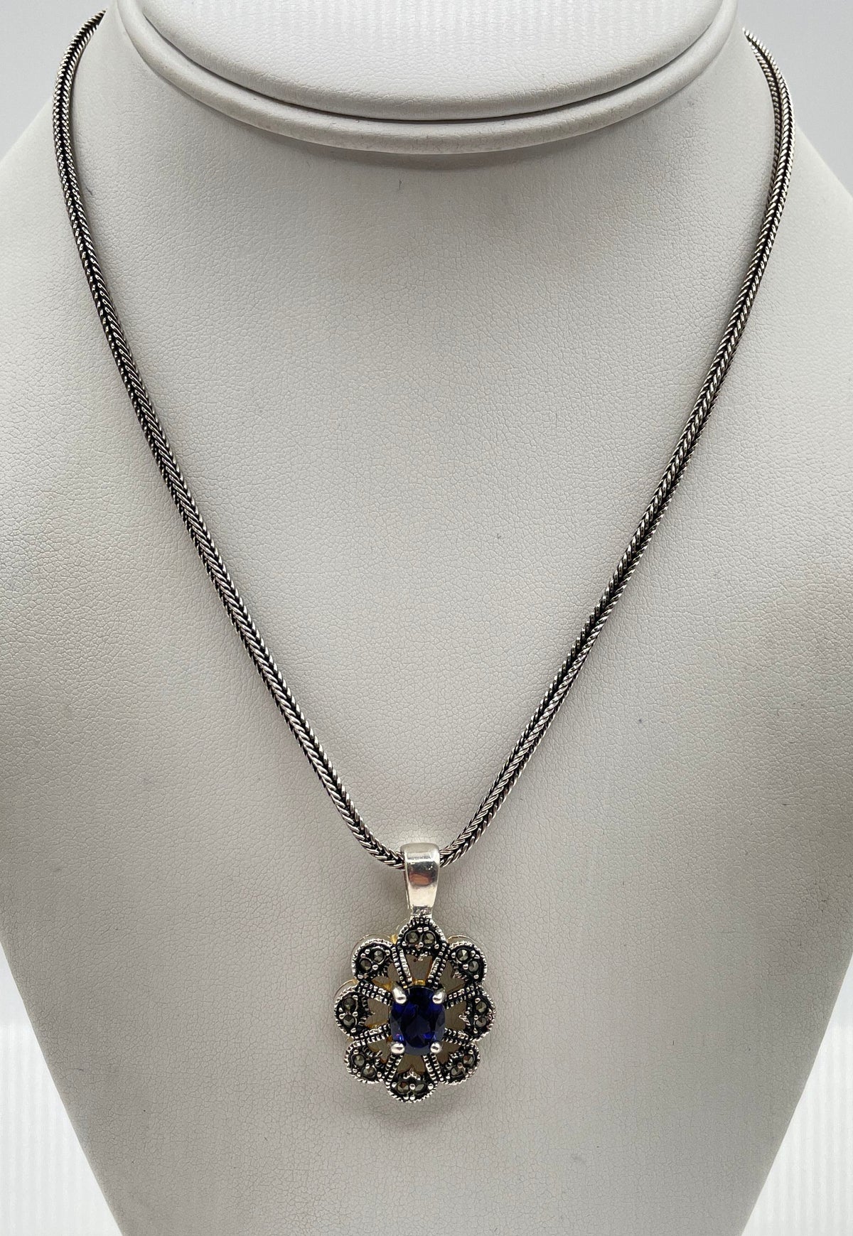 925 Sterling Silver Blue CZ Marcasite Accent Pendant Necklace 16g *Damaged*