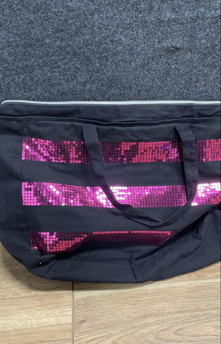 Victoria's Secret Black Pink Sequin Stripe Large VS Logo Tote Bag NWT